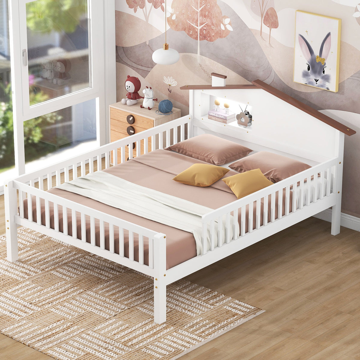 Full Size Wood Platform Bed with House-shaped Headboard, LED and Built-in Storage, White - B&B Forest Products
