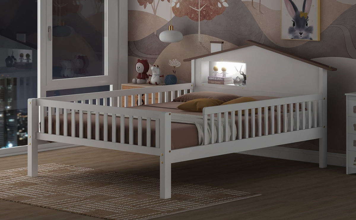 Full Size Wood Platform Bed with House-shaped Headboard, LED and Built-in Storage, White - B&B Forest Products