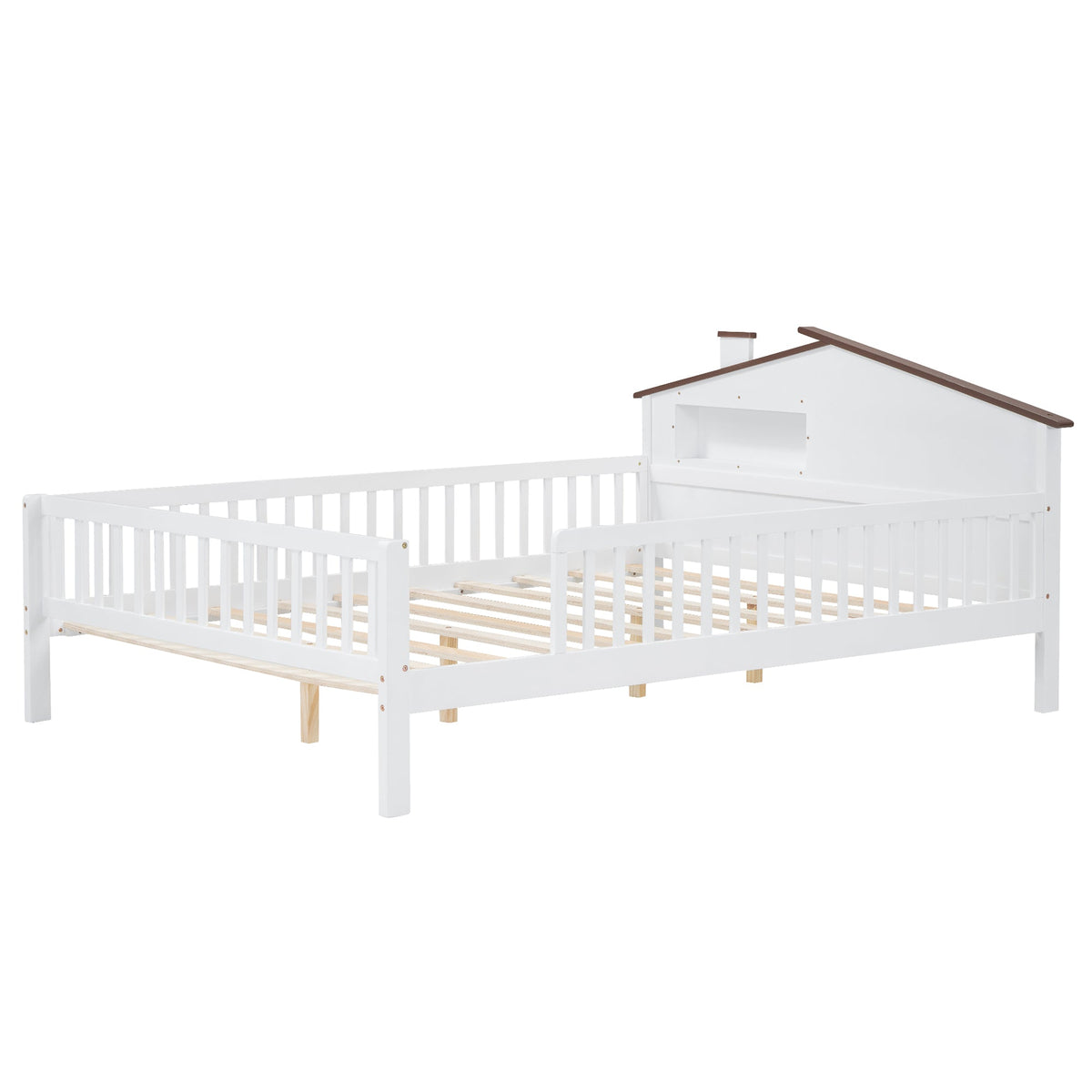 Full Size Wood Platform Bed with House-shaped Headboard, LED and Built-in Storage, White - B&B Forest Products