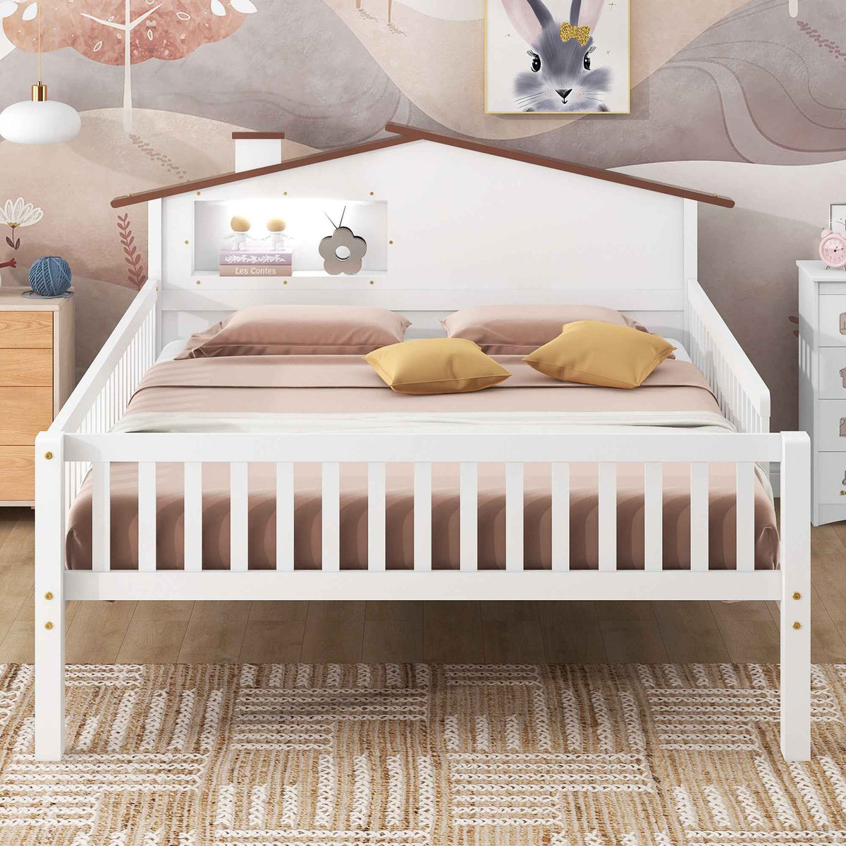 Full Size Wood Platform Bed with House-shaped Headboard, LED and Built-in Storage, White - B&B Forest Products