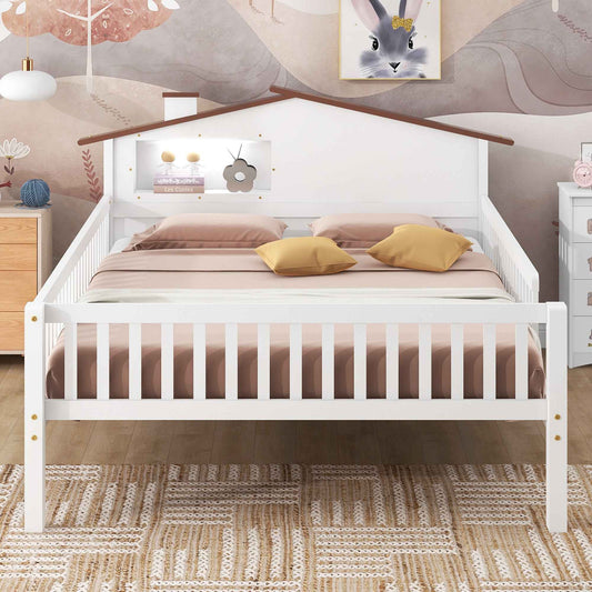 Full Size Wood Platform Bed with House-shaped Headboard, LED and Built-in Storage, White - B&B Forest Products
