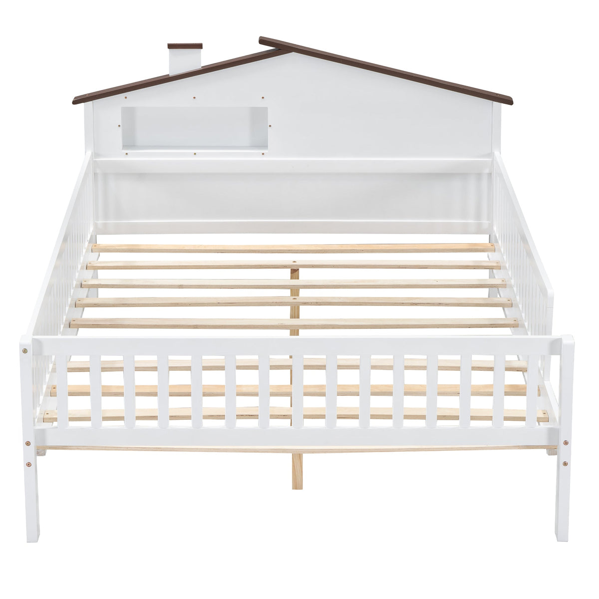 Full Size Wood Platform Bed with House-shaped Headboard, LED and Built-in Storage, White - B&B Forest Products