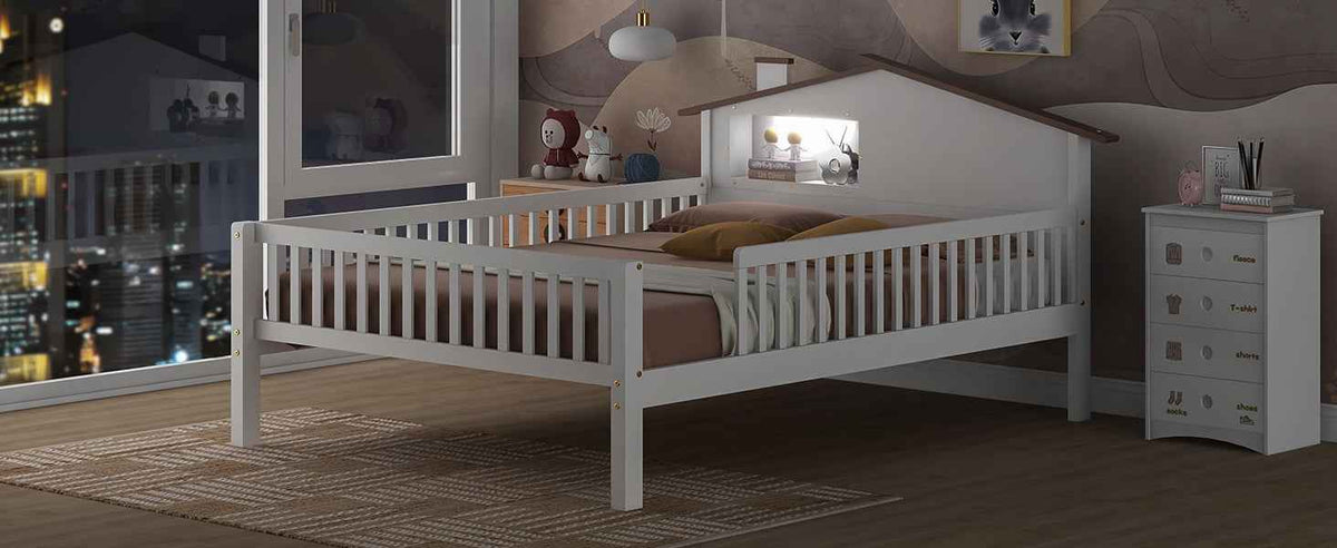 Full Size Wood Platform Bed with House-shaped Headboard, LED and Built-in Storage, White - B&B Forest Products