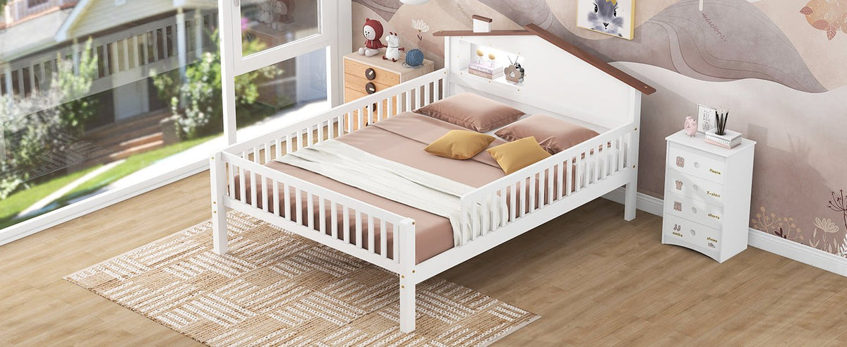Full Size Wood Platform Bed with House-shaped Headboard, LED and Built-in Storage, White - B&B Forest Products