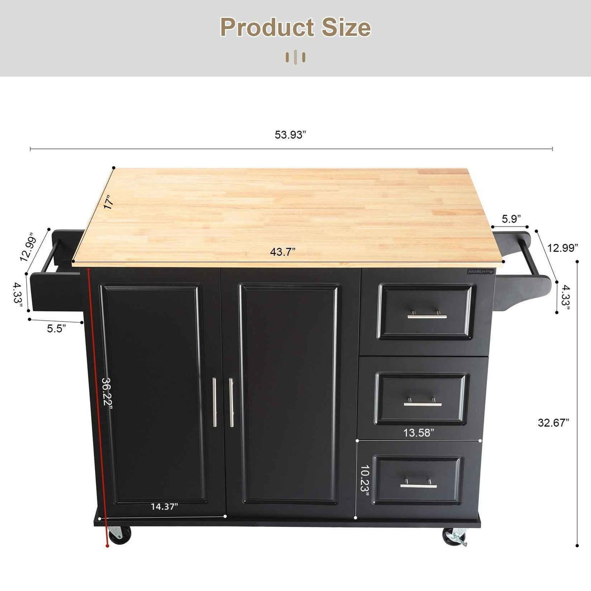 Kitchen Island & Kitchen Cart Mobile Kitehcn Island with Extensible Rubber Wood Table Top - B&B Forest Products
