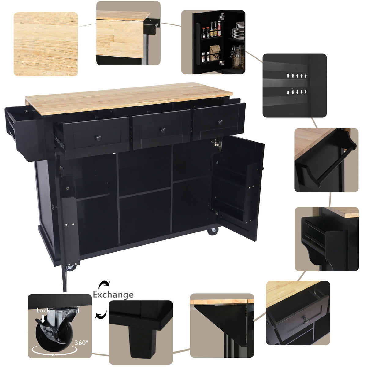 Kitchen trolley with rubber wood leaf countertop, 5-wheel kitchen island, storage cabinet and 3 dining drawers, black - B&B Forest Products