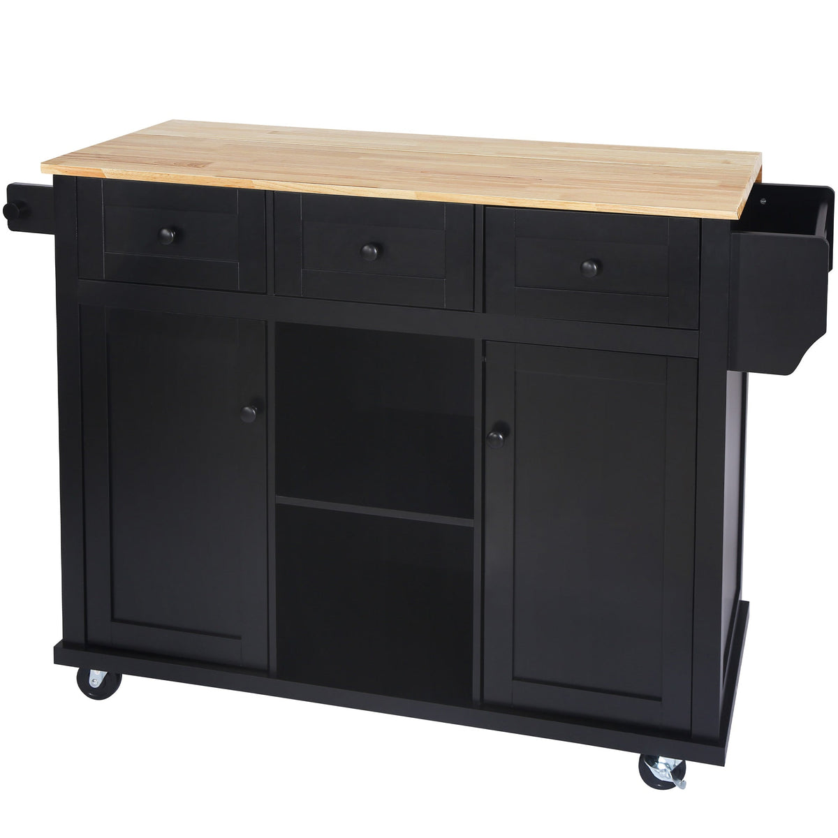 Kitchen trolley with rubber wood leaf countertop, 5-wheel kitchen island, storage cabinet and 3 dining drawers, black - B&B Forest Products
