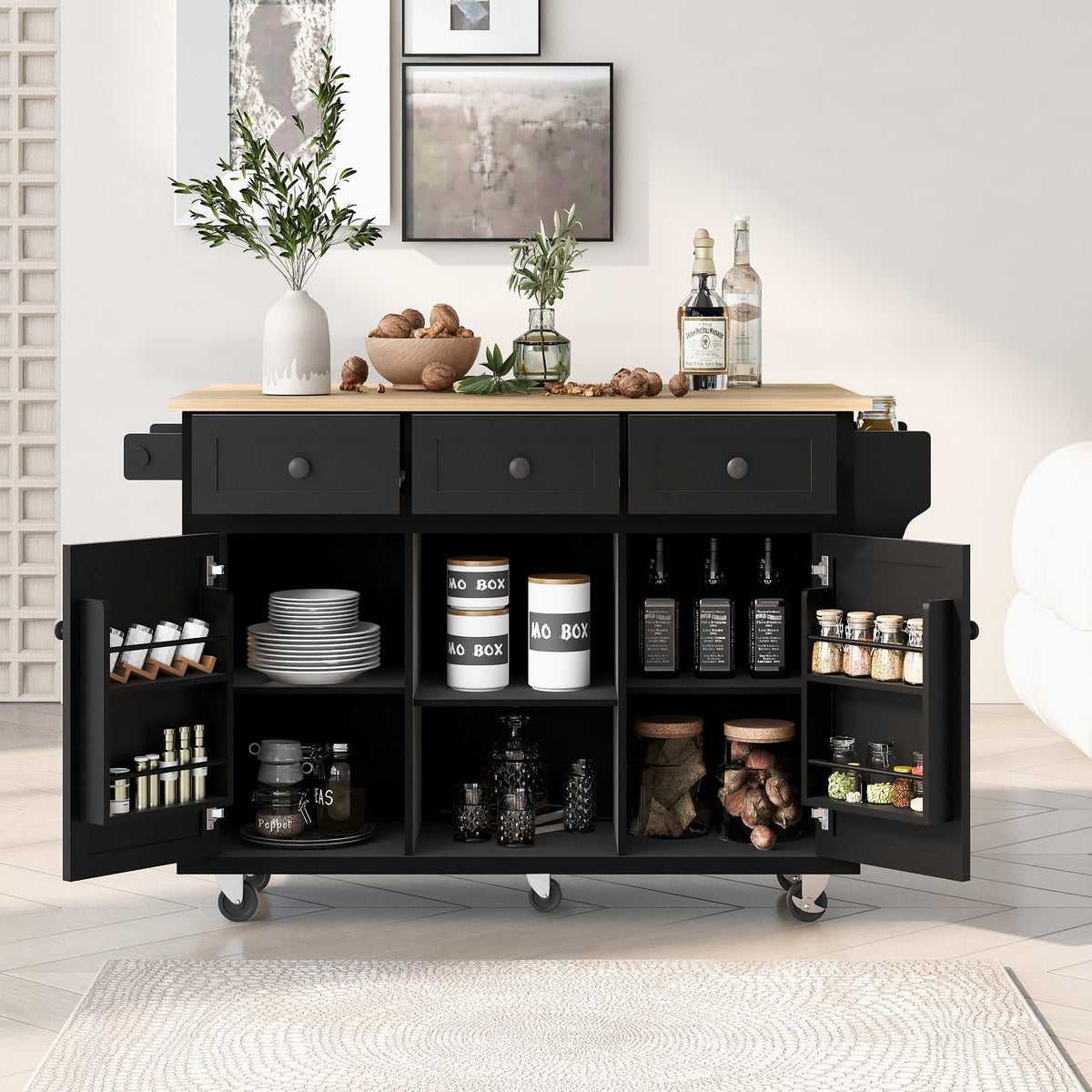 Kitchen trolley with rubber wood leaf countertop, 5-wheel kitchen island, storage cabinet and 3 dining drawers, black - B&B Forest Products