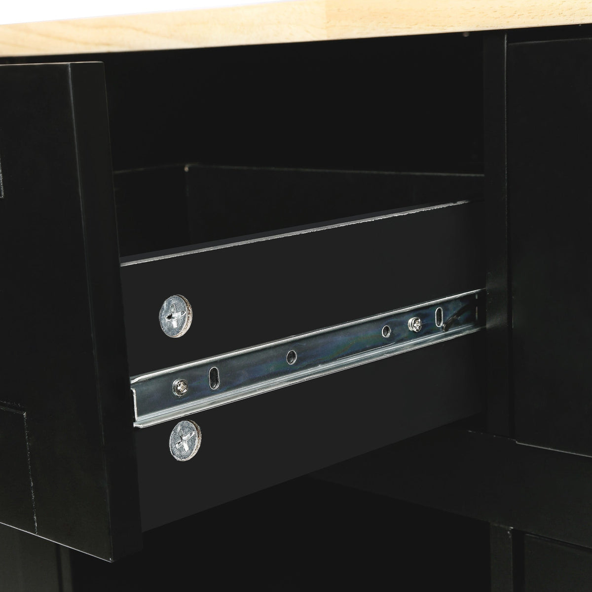 Kitchen trolley with rubber wood leaf countertop, 5-wheel kitchen island, storage cabinet and 3 dining drawers, black - B&B Forest Products