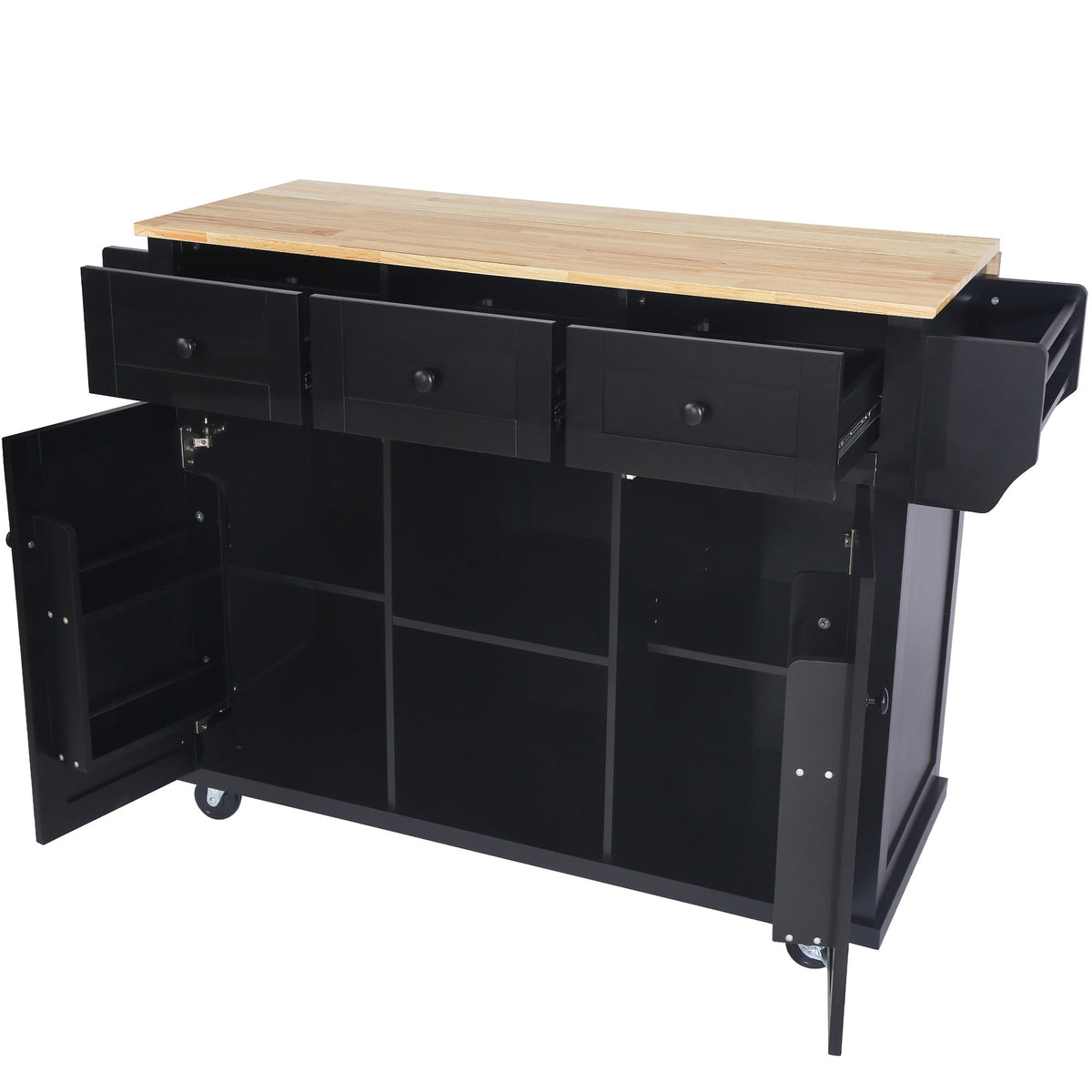 Kitchen trolley with rubber wood leaf countertop, 5-wheel kitchen island, storage cabinet and 3 dining drawers, black - B&B Forest Products