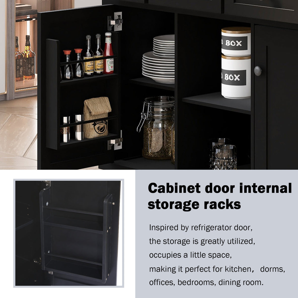 Kitchen trolley with rubber wood leaf countertop, 5-wheel kitchen island, storage cabinet and 3 dining drawers, black - B&B Forest Products