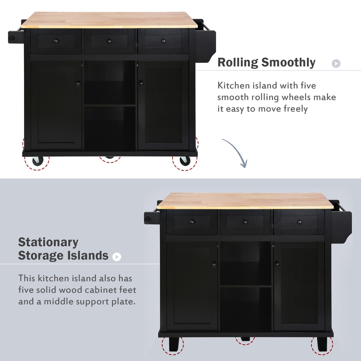 Kitchen trolley with rubber wood leaf countertop, 5-wheel kitchen island, storage cabinet and 3 dining drawers, black - B&B Forest Products