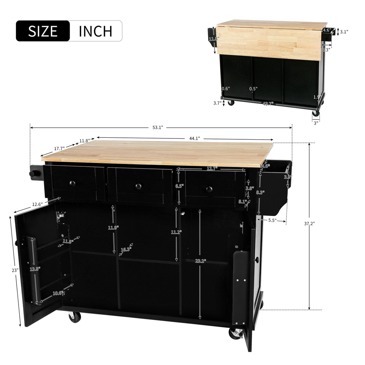 Kitchen trolley with rubber wood leaf countertop, 5-wheel kitchen island, storage cabinet and 3 dining drawers, black - B&B Forest Products