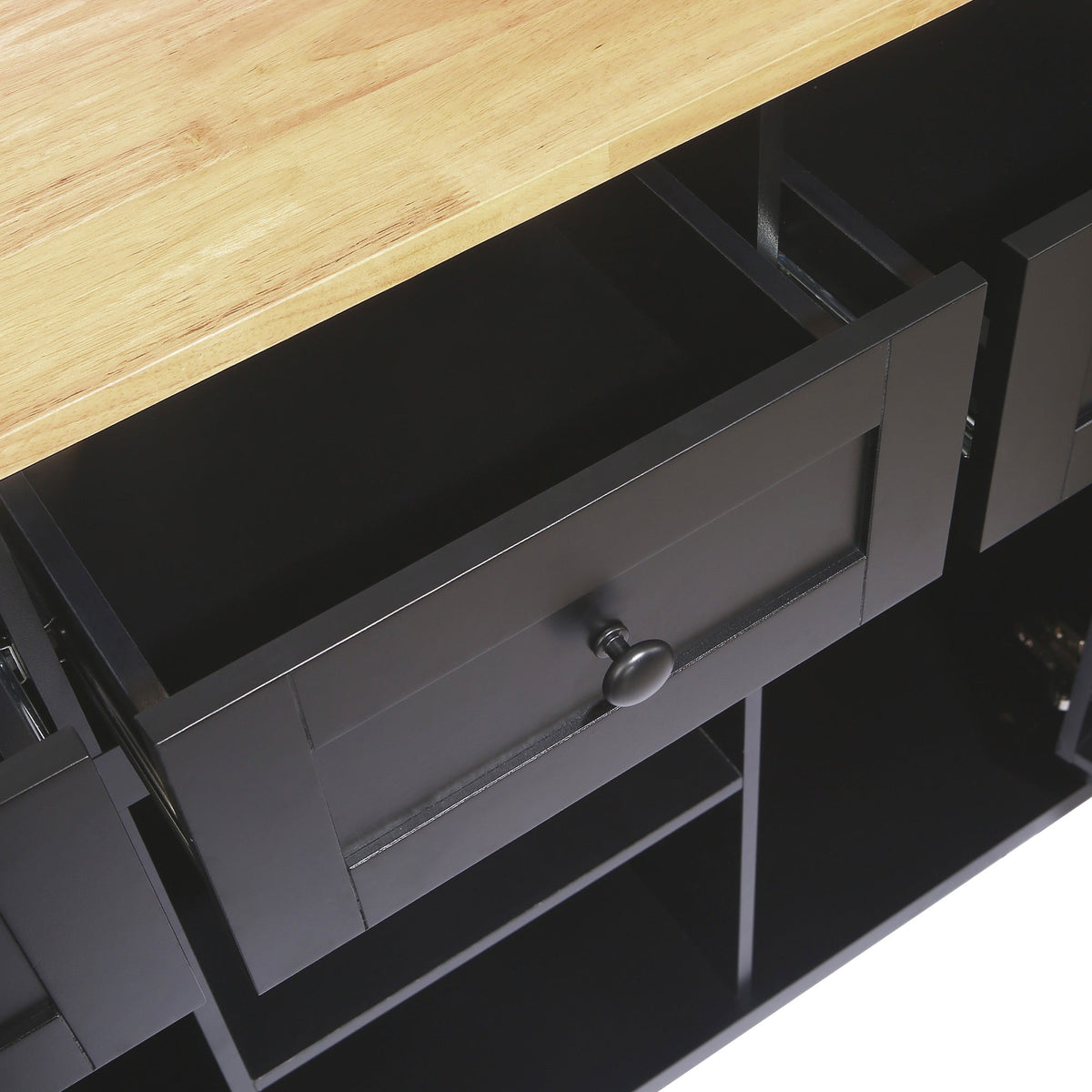 Kitchen trolley with rubber wood leaf countertop, 5-wheel kitchen island, storage cabinet and 3 dining drawers, black - B&B Forest Products