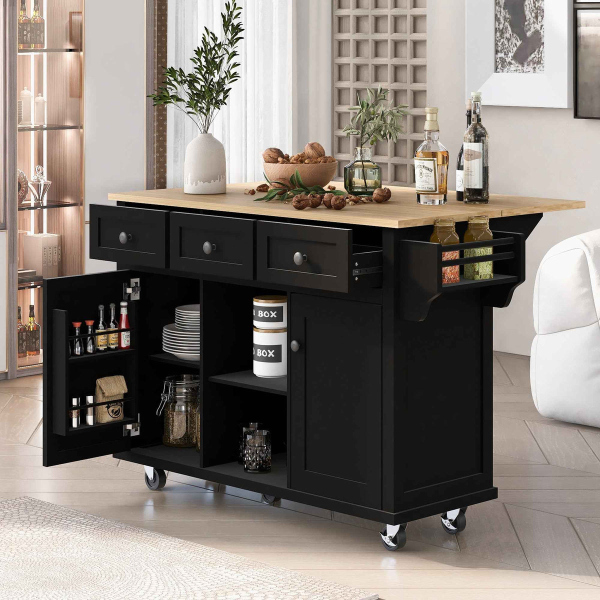 Kitchen trolley with rubber wood leaf countertop, 5-wheel kitchen island, storage cabinet and 3 dining drawers, black - B&B Forest Products