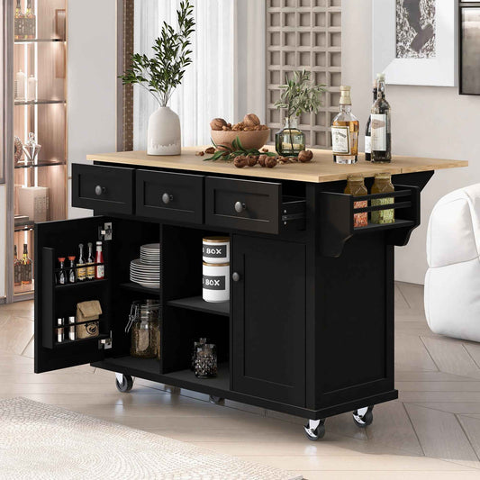 Kitchen trolley with rubber wood leaf countertop, 5-wheel kitchen island, storage cabinet and 3 dining drawers, black - B&B Forest Products