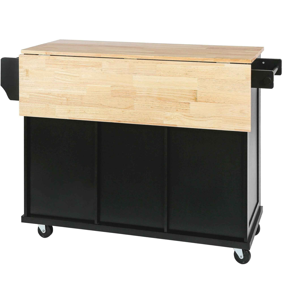 Kitchen trolley with rubber wood leaf countertop, 5-wheel kitchen island, storage cabinet and 3 dining drawers, black - B&B Forest Products