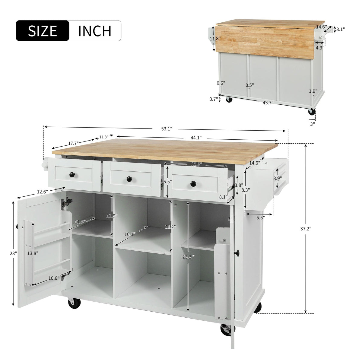 Kitchen trolley with rubber wood leaf countertop, 5-wheel kitchen island, storage cabinet and 3 dining drawers, white - B&B Forest Products