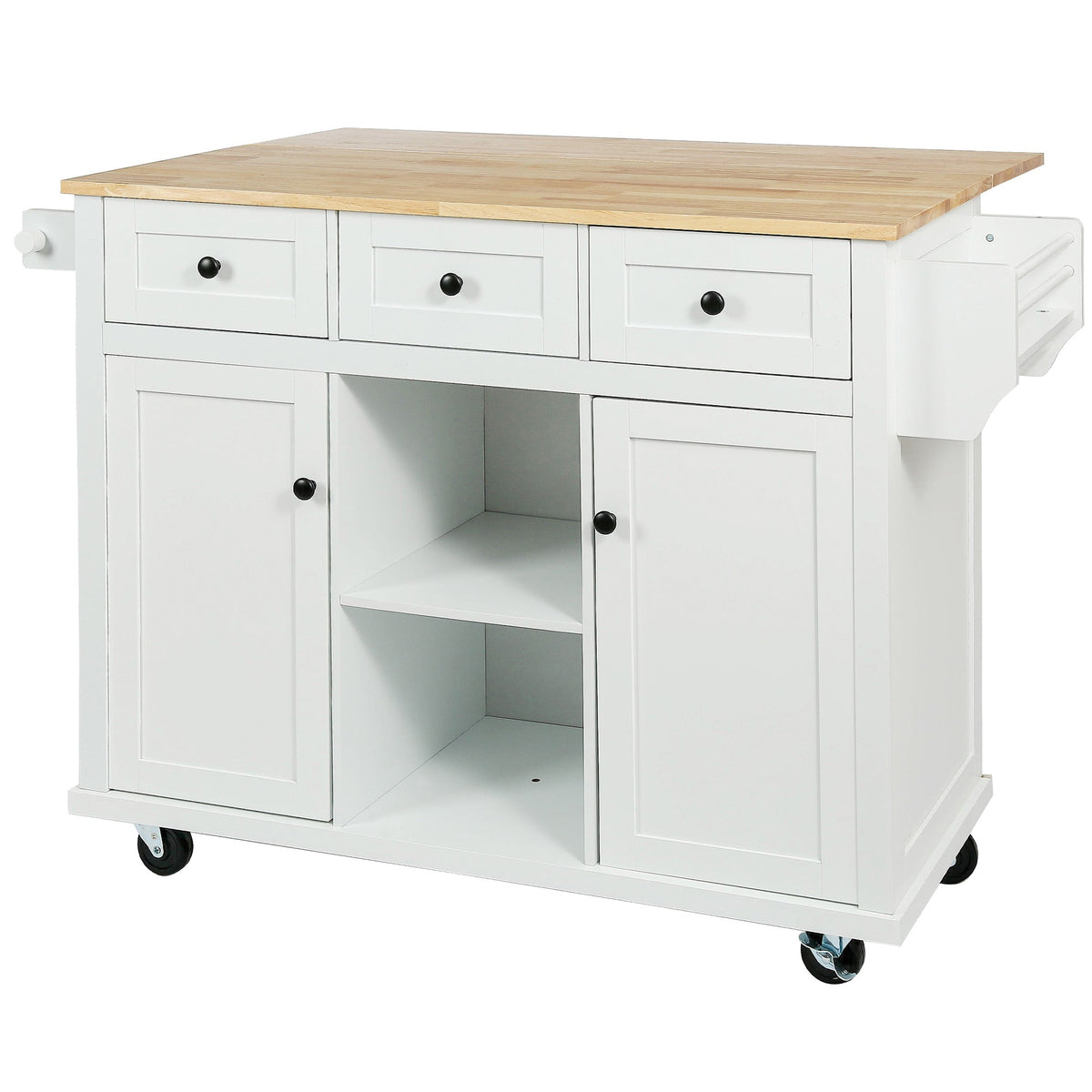 Kitchen trolley with rubber wood leaf countertop, 5-wheel kitchen island, storage cabinet and 3 dining drawers, white - B&B Forest Products