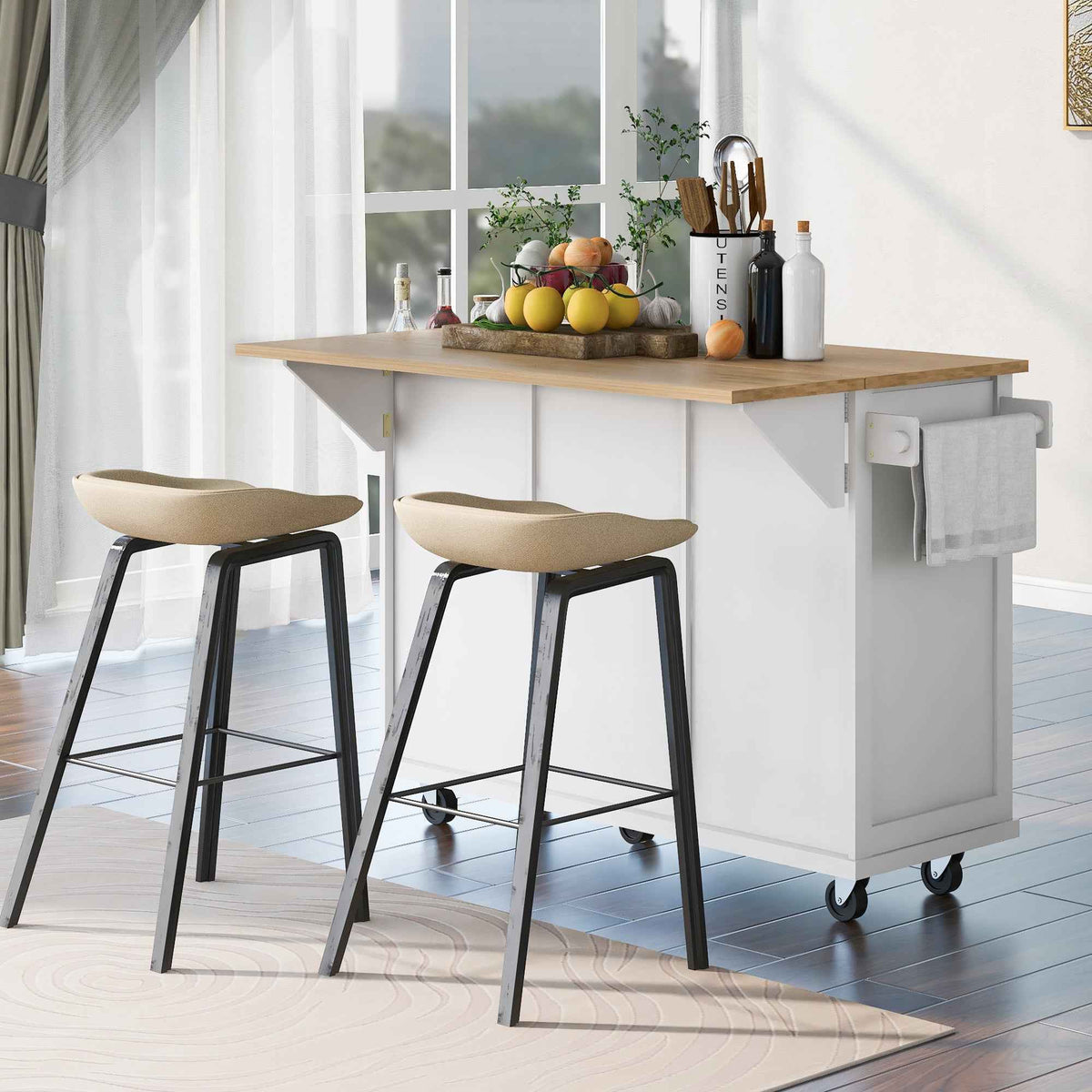 Kitchen trolley with rubber wood leaf countertop, 5-wheel kitchen island, storage cabinet and 3 dining drawers, white - B&B Forest Products
