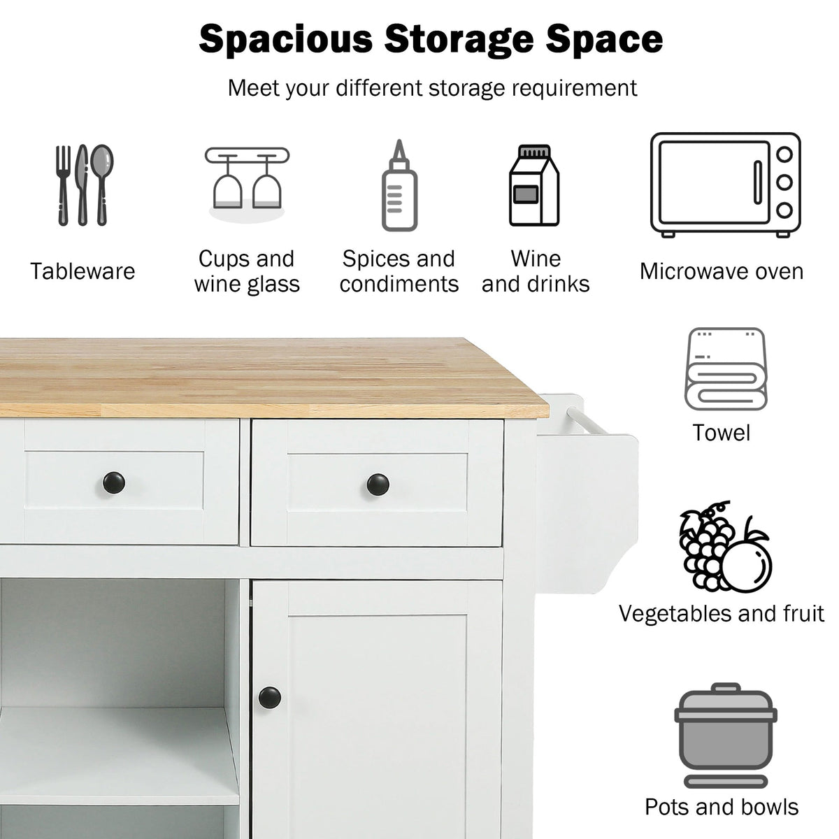Kitchen trolley with rubber wood leaf countertop, 5-wheel kitchen island, storage cabinet and 3 dining drawers, white - B&B Forest Products
