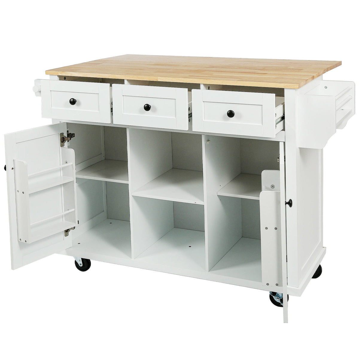 Kitchen trolley with rubber wood leaf countertop, 5-wheel kitchen island, storage cabinet and 3 dining drawers, white - B&B Forest Products