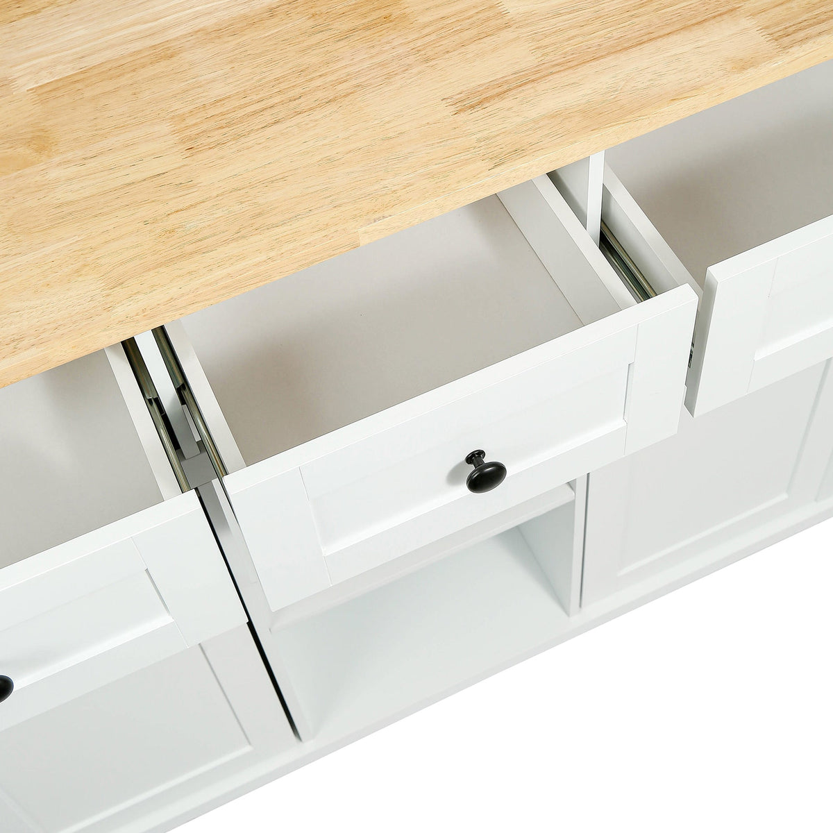 Kitchen trolley with rubber wood leaf countertop, 5-wheel kitchen island, storage cabinet and 3 dining drawers, white - B&B Forest Products