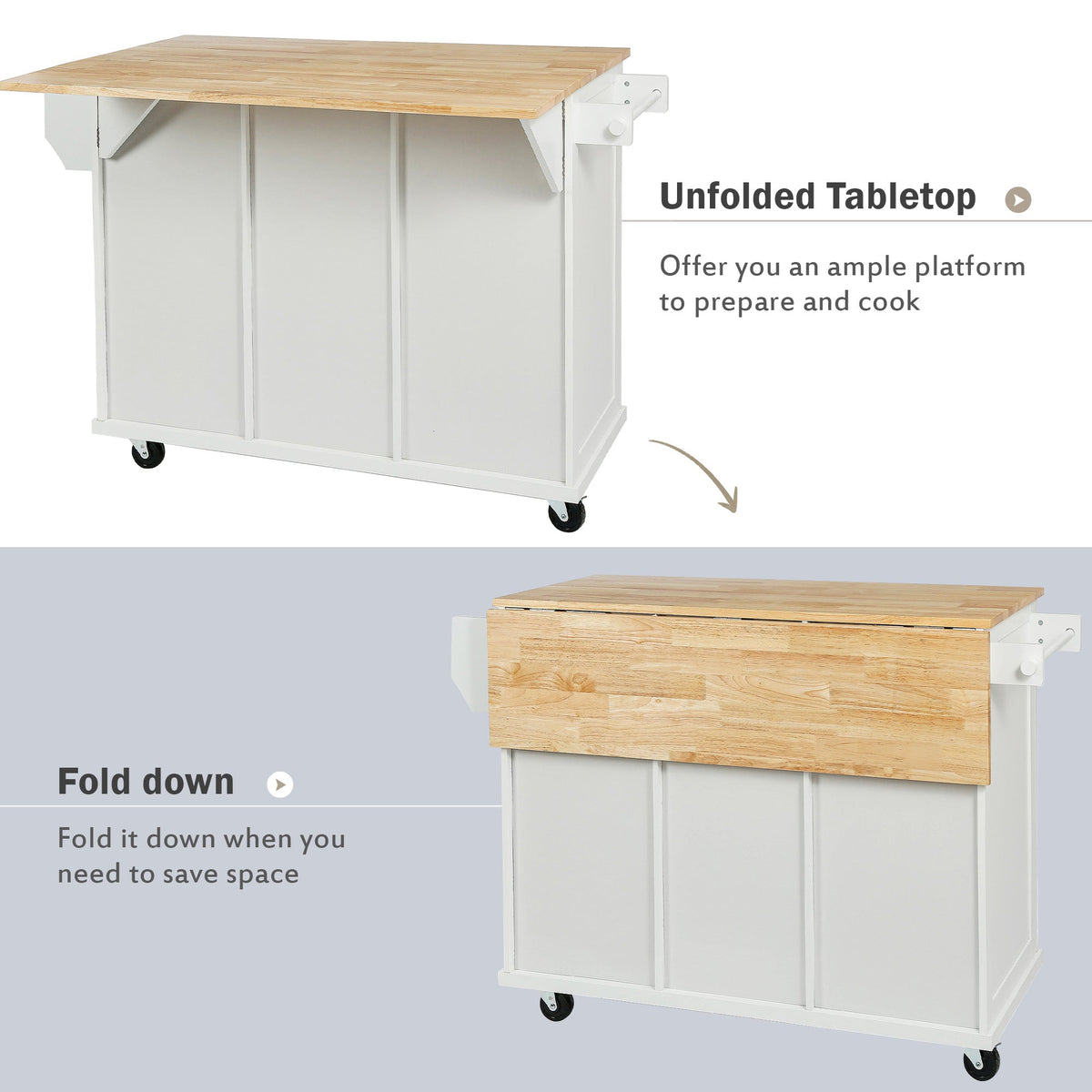 Kitchen trolley with rubber wood leaf countertop, 5-wheel kitchen island, storage cabinet and 3 dining drawers, white - B&B Forest Products