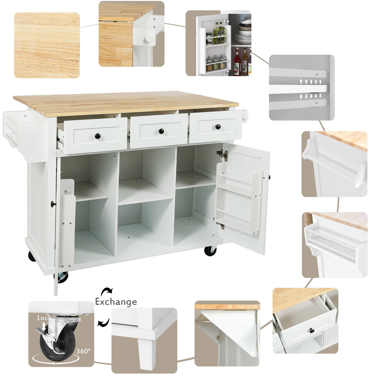 Kitchen trolley with rubber wood leaf countertop, 5-wheel kitchen island, storage cabinet and 3 dining drawers, white - B&B Forest Products