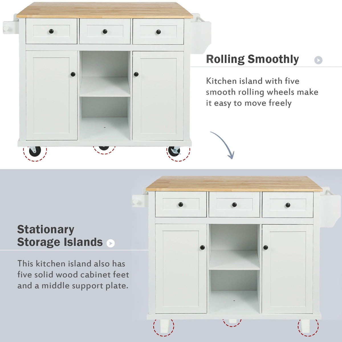 Kitchen trolley with rubber wood leaf countertop, 5-wheel kitchen island, storage cabinet and 3 dining drawers, white - B&B Forest Products