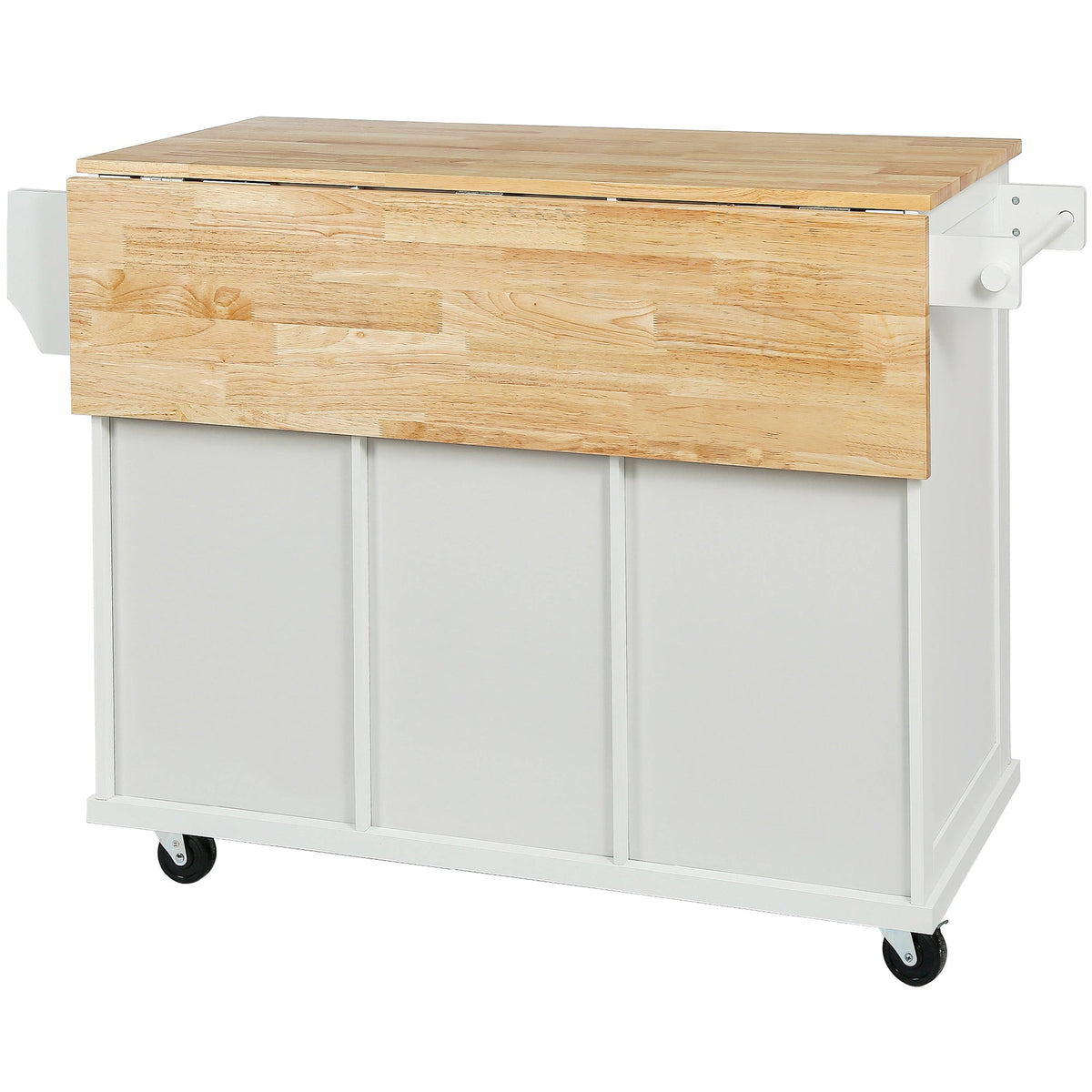 Kitchen trolley with rubber wood leaf countertop, 5-wheel kitchen island, storage cabinet and 3 dining drawers, white - B&B Forest Products
