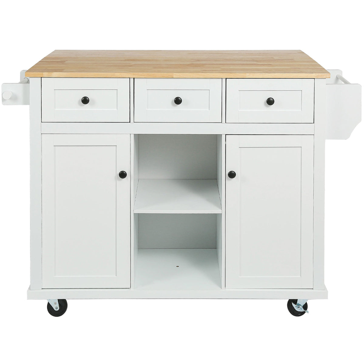 Kitchen trolley with rubber wood leaf countertop, 5-wheel kitchen island, storage cabinet and 3 dining drawers, white - B&B Forest Products