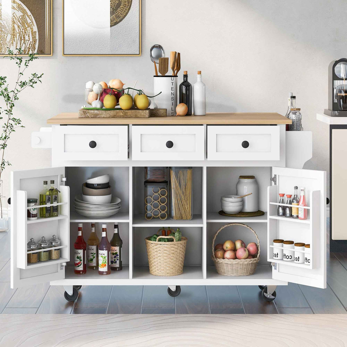 Kitchen trolley with rubber wood leaf countertop, 5-wheel kitchen island, storage cabinet and 3 dining drawers, white - B&B Forest Products