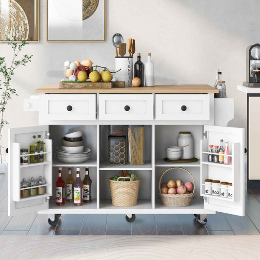 Kitchen trolley with rubber wood leaf countertop, 5-wheel kitchen island, storage cabinet and 3 dining drawers, white - B&B Forest Products