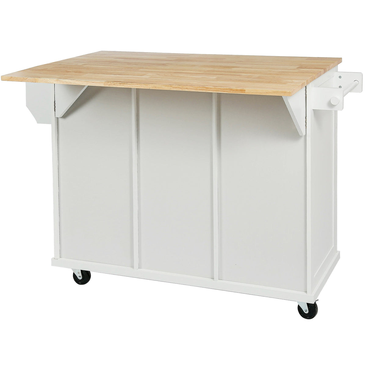 Kitchen trolley with rubber wood leaf countertop, 5-wheel kitchen island, storage cabinet and 3 dining drawers, white - B&B Forest Products