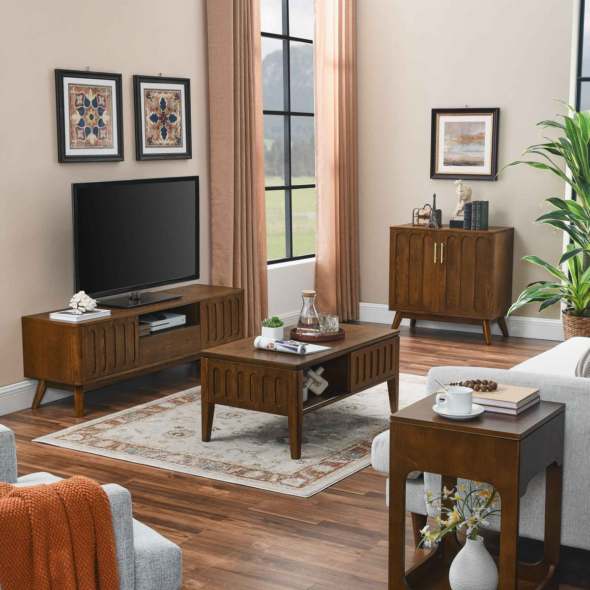 Medieval modern flute coffee table with storage sliding door and solid wood legs, vintage farmhouse wood central table - B&B Forest Products