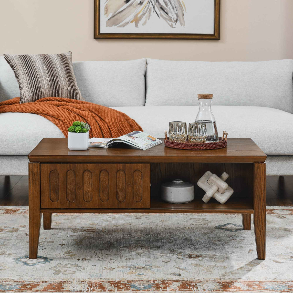 Medieval modern flute coffee table with storage sliding door and solid wood legs, vintage farmhouse wood central table - B&B Forest Products