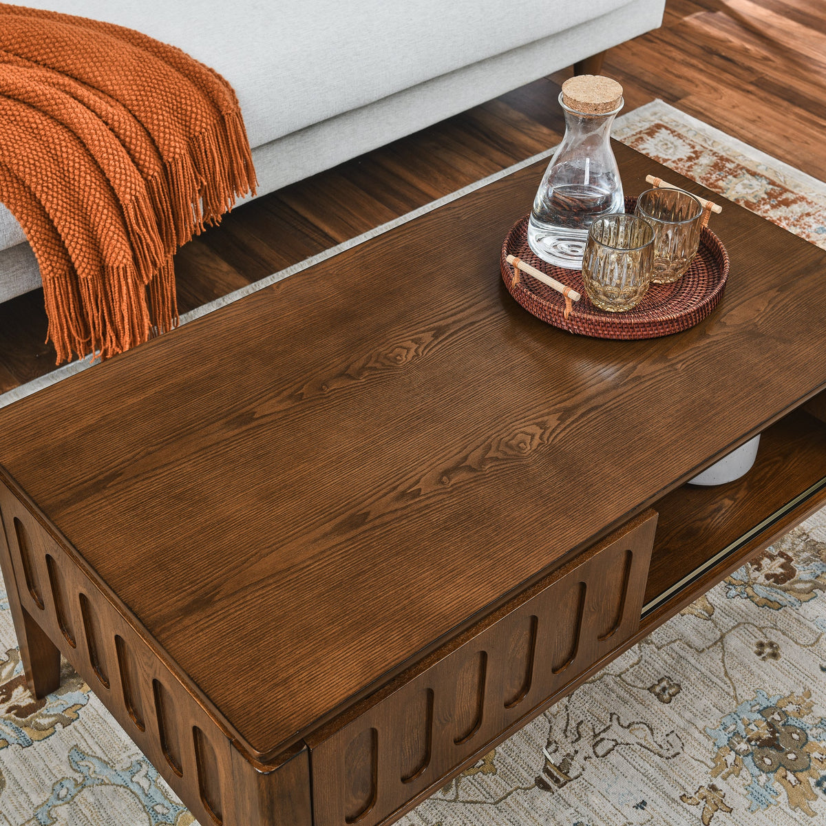 Medieval modern flute coffee table with storage sliding door and solid wood legs, vintage farmhouse wood central table - B&B Forest Products