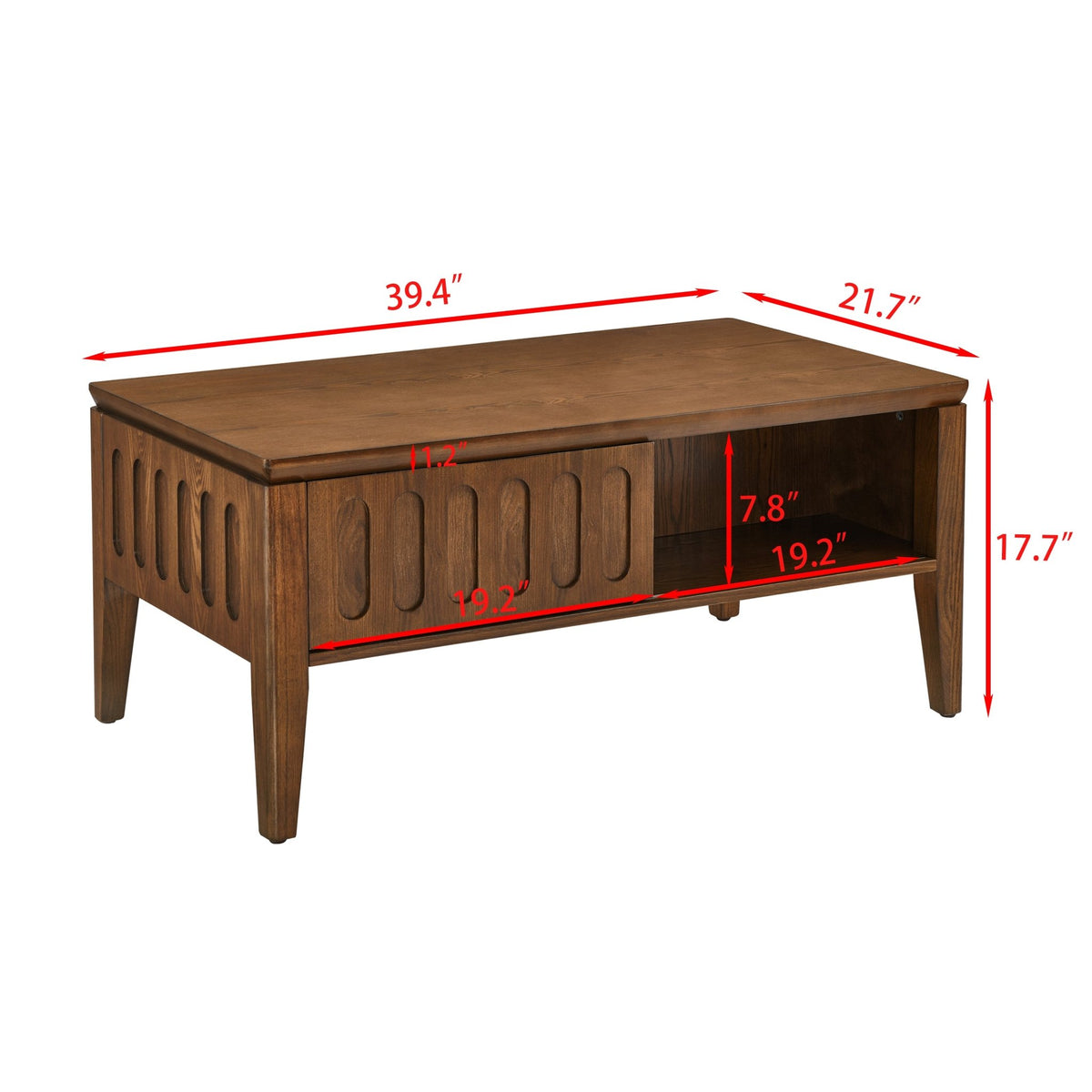 Medieval modern flute coffee table with storage sliding door and solid wood legs, vintage farmhouse wood central table - B&B Forest Products