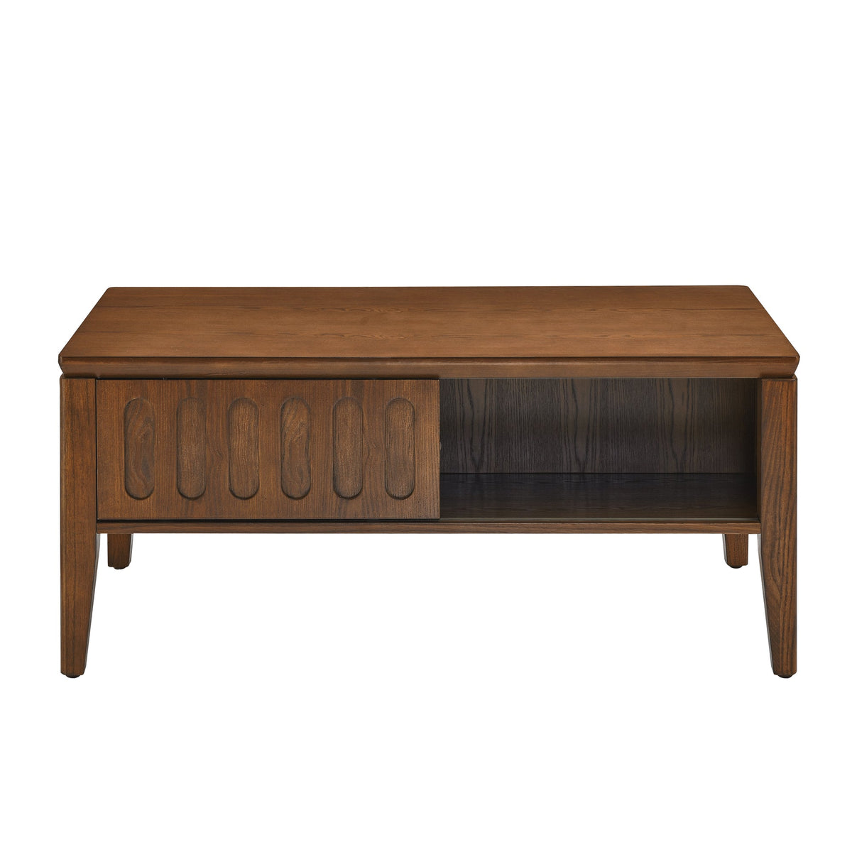 Medieval modern flute coffee table with storage sliding door and solid wood legs, vintage farmhouse wood central table - B&B Forest Products
