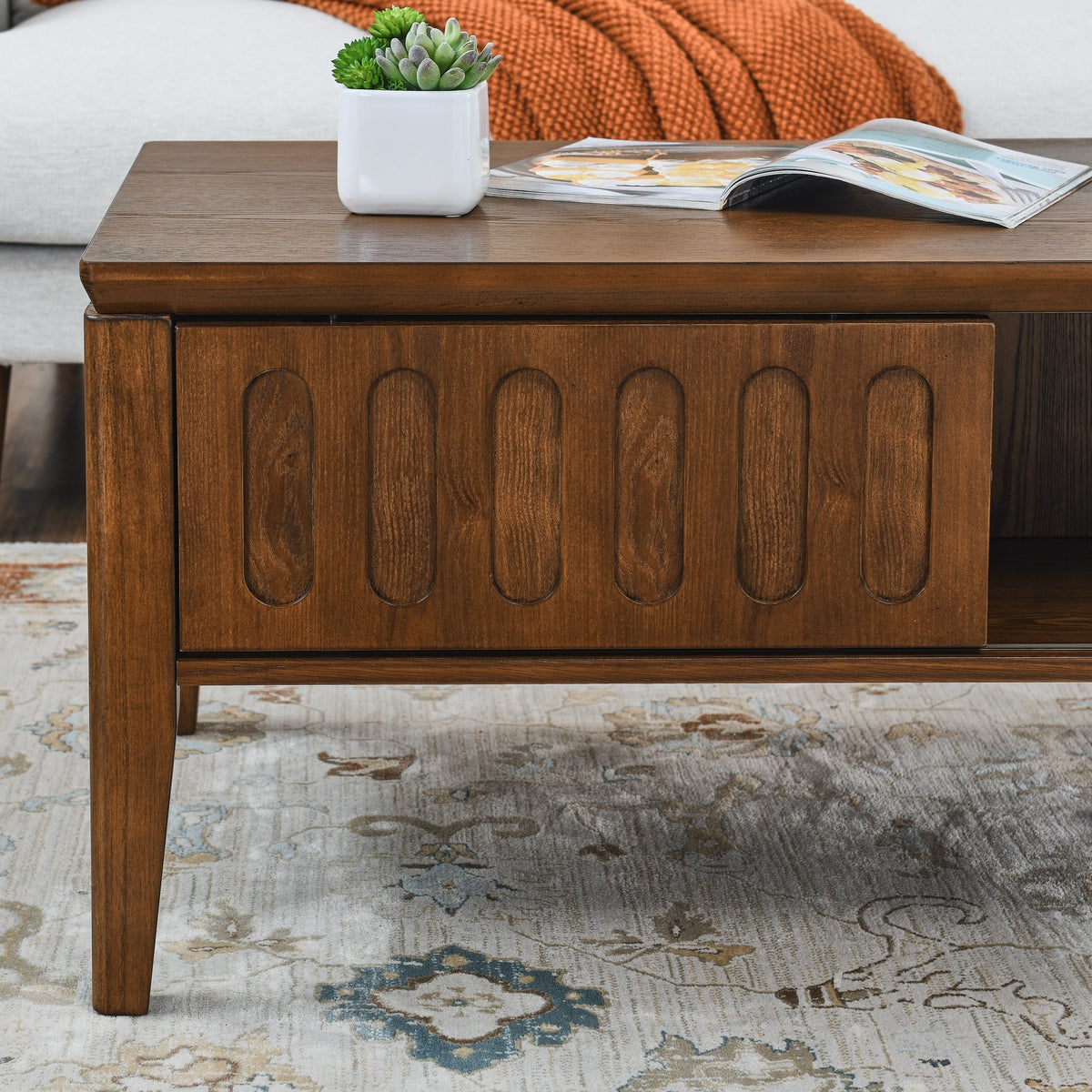 Medieval modern flute coffee table with storage sliding door and solid wood legs, vintage farmhouse wood central table - B&B Forest Products