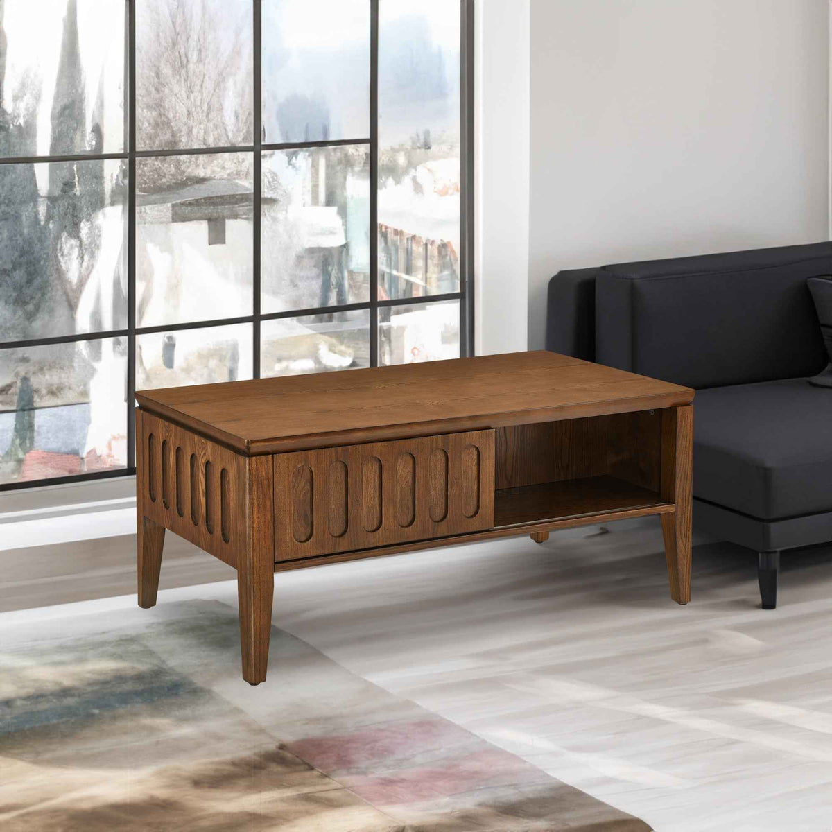 Medieval modern flute coffee table with storage sliding door and solid wood legs, vintage farmhouse wood central table - B&B Forest Products