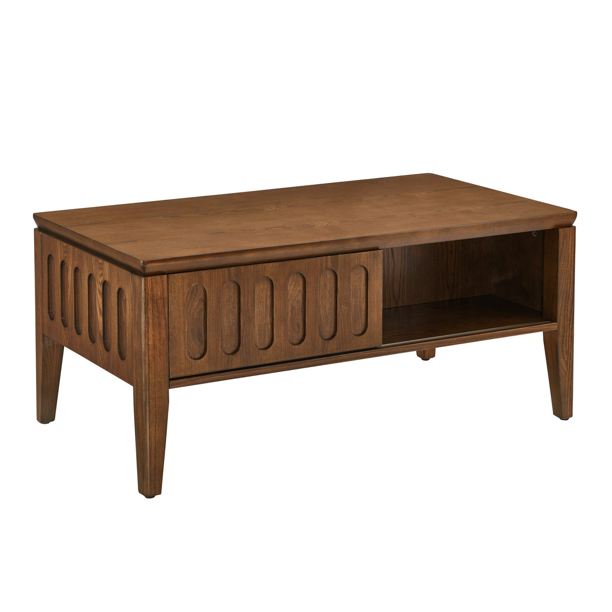 Medieval modern flute coffee table with storage sliding door and solid wood legs, vintage farmhouse wood central table - B&B Forest Products