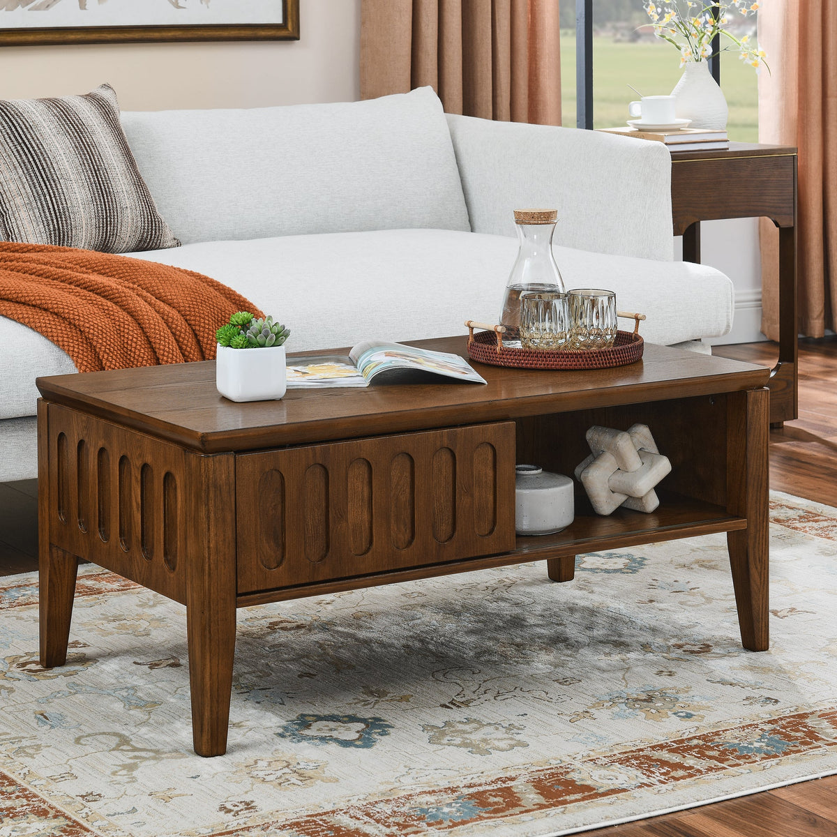 Medieval modern flute coffee table with storage sliding door and solid wood legs, vintage farmhouse wood central table - B&B Forest Products