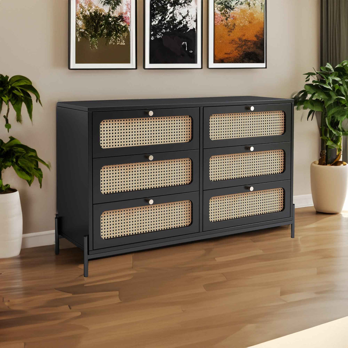 Modern hemp vine wood closet with 6 drawers, dressing table, wooden storage cabinet side panel, black - B&B Forest Products