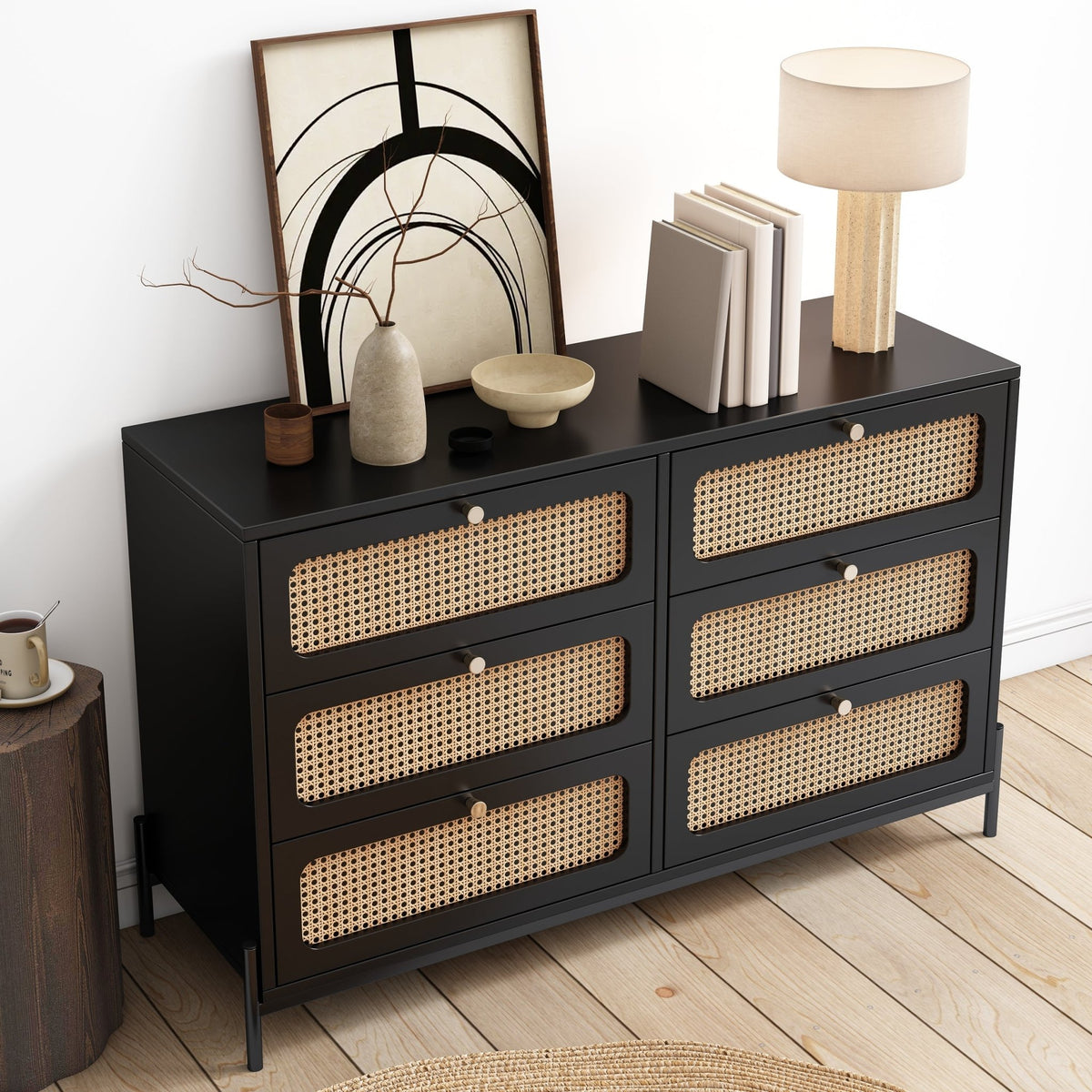 Modern hemp vine wood closet with 6 drawers, dressing table, wooden storage cabinet side panel, black - B&B Forest Products