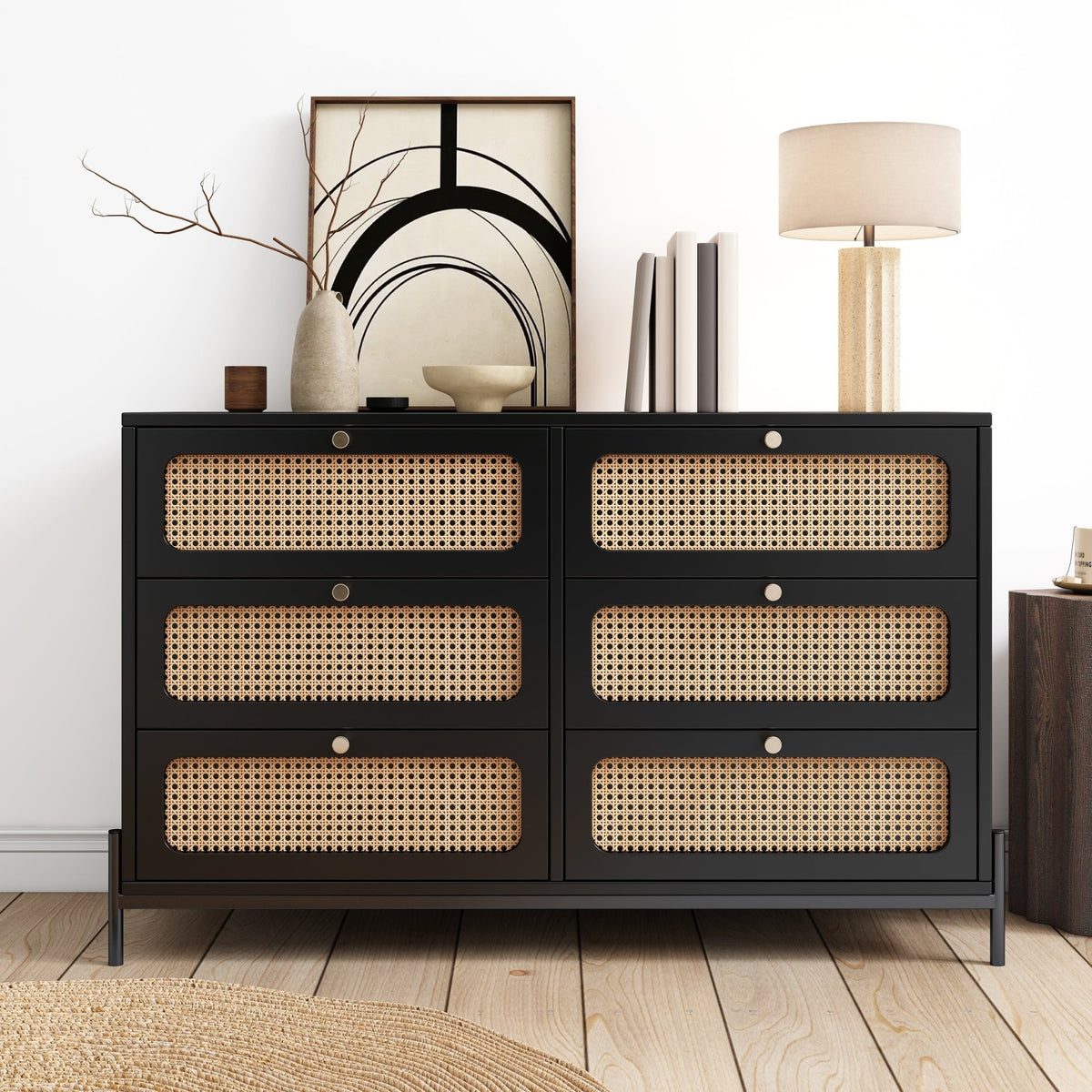Modern hemp vine wood closet with 6 drawers, dressing table, wooden storage cabinet side panel, black - B&B Forest Products