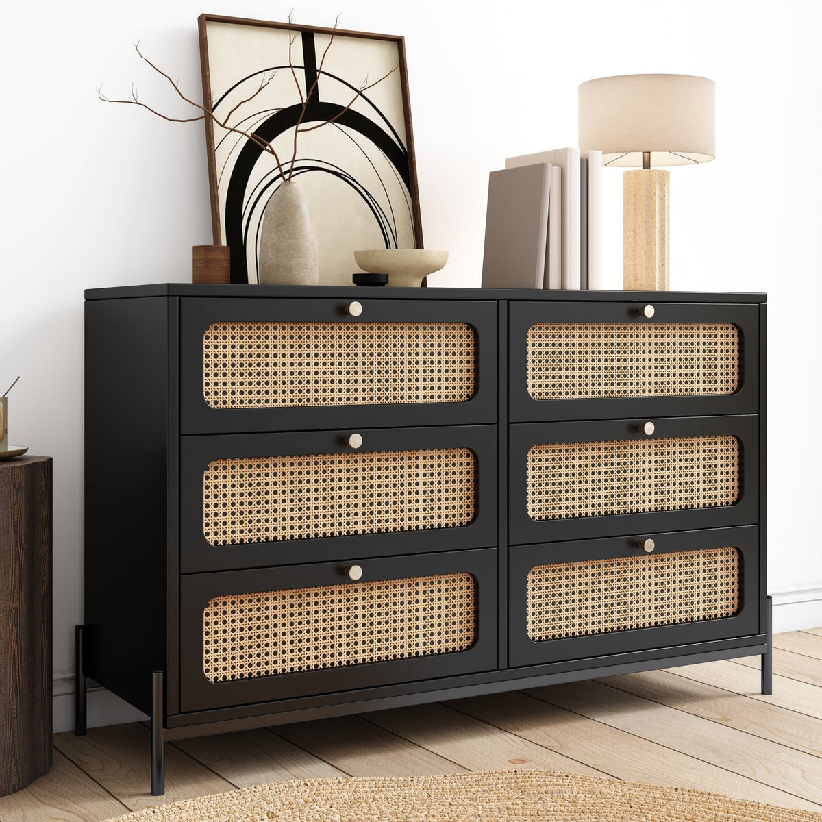 Modern hemp vine wood closet with 6 drawers, dressing table, wooden storage cabinet side panel, black - B&B Forest Products