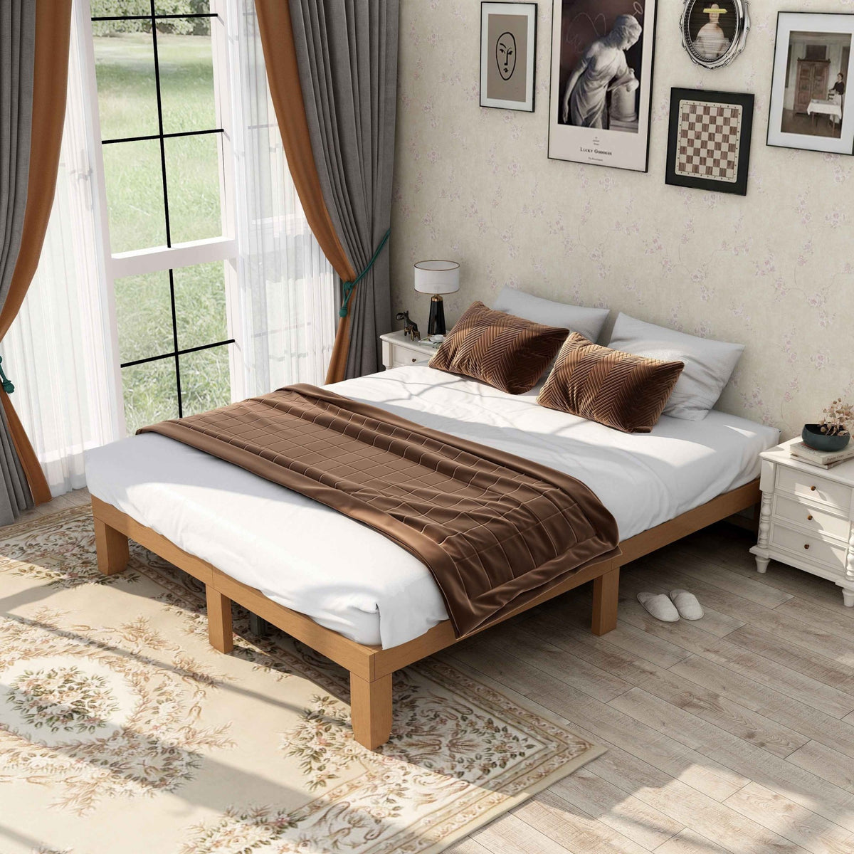 Queen Size Wood Platform Bed Frame,No Box Spring Needed,Strong Wood Slat Support, Easy Assembly - B&B Forest Products