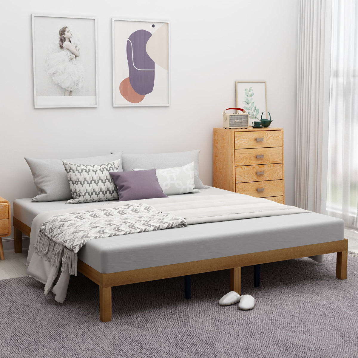 Queen Size Wood Platform Bed Frame,No Box Spring Needed,Strong Wood Slat Support, Easy Assembly - B&B Forest Products